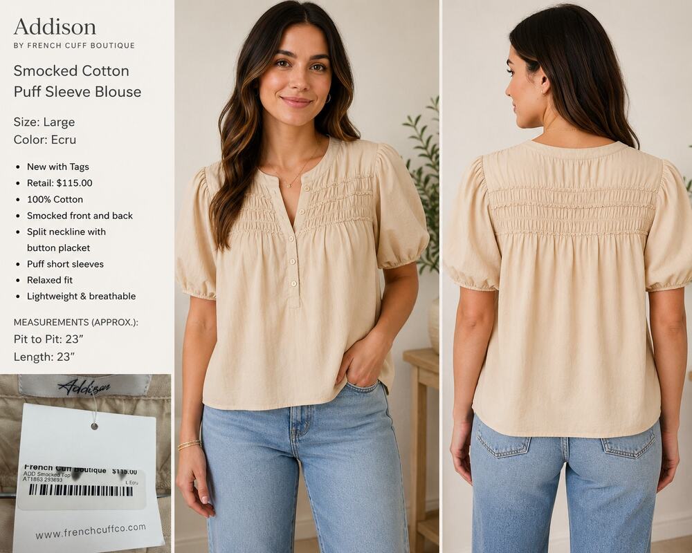 Addison French Cuff Boutique Smocked Cotton Puff Sleeve Blouse Ecru Size L NWT